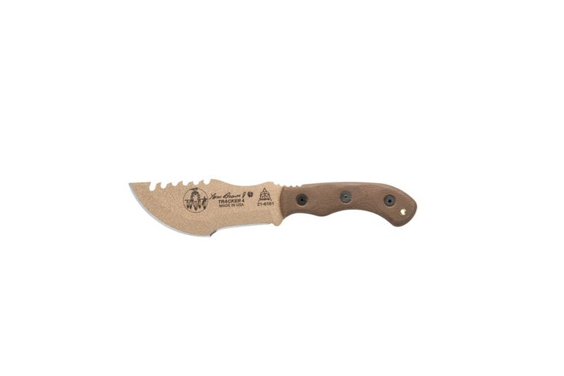 Tops Knives Tom Brown Tracker #4 Full Tang Fixed Blade- Coyote Tan Coating Blade Finish- Coyote Tan Kydex Sheath w/Multi-Position Spring Steel Clip (Green Canvas Micarta Handle) - Image 1
